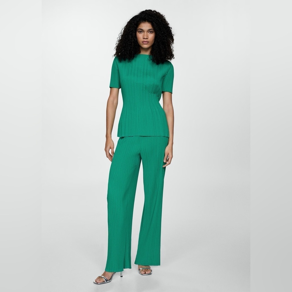 Mango Emerald Green Co-ord set pleated pants + t-shirt NWT